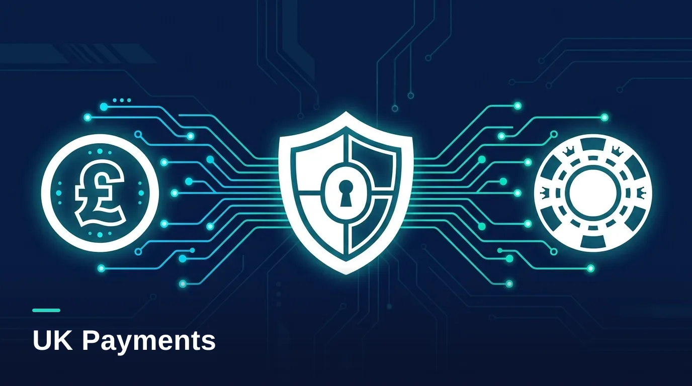 iGaming payments in the UK - pound coin, bank shield and casino chip