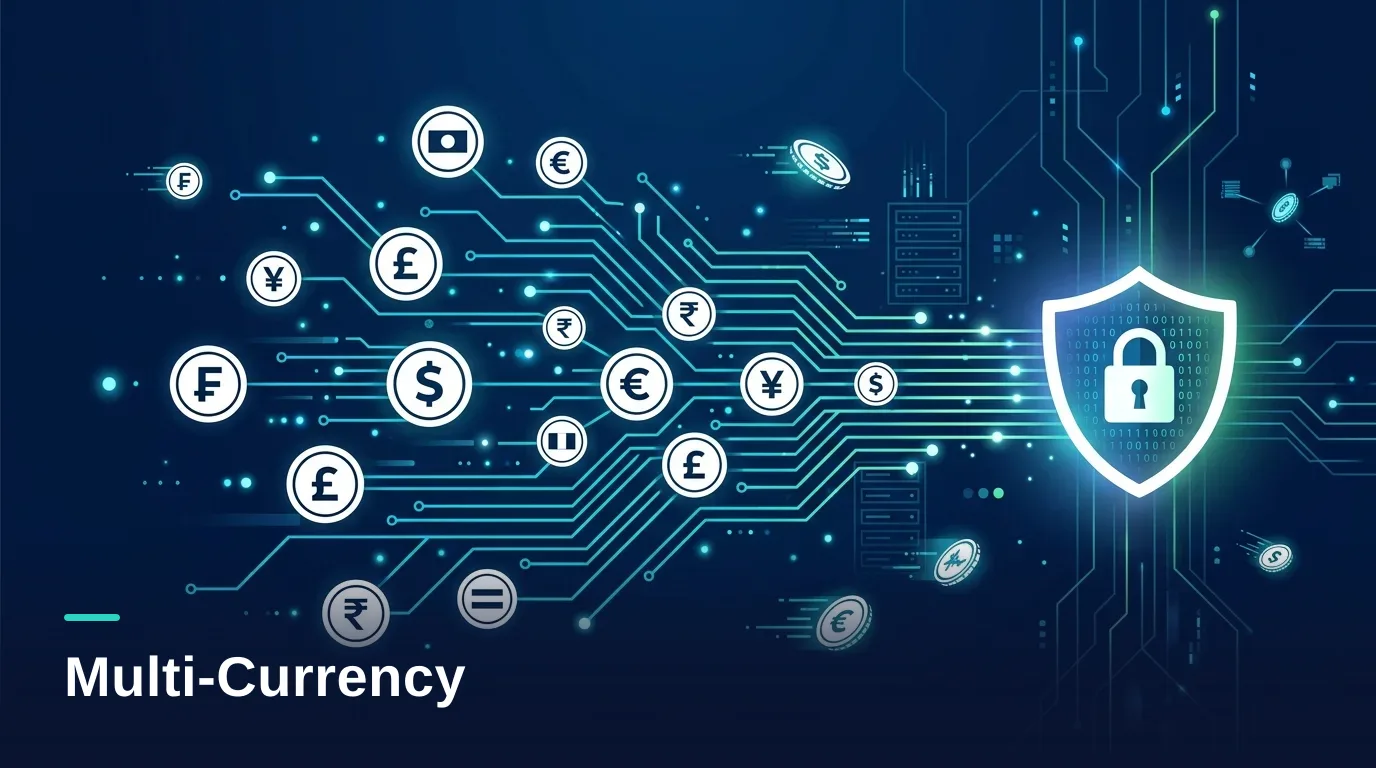 Multi-currency payments flowing between coins and a payment shield for iGaming operators